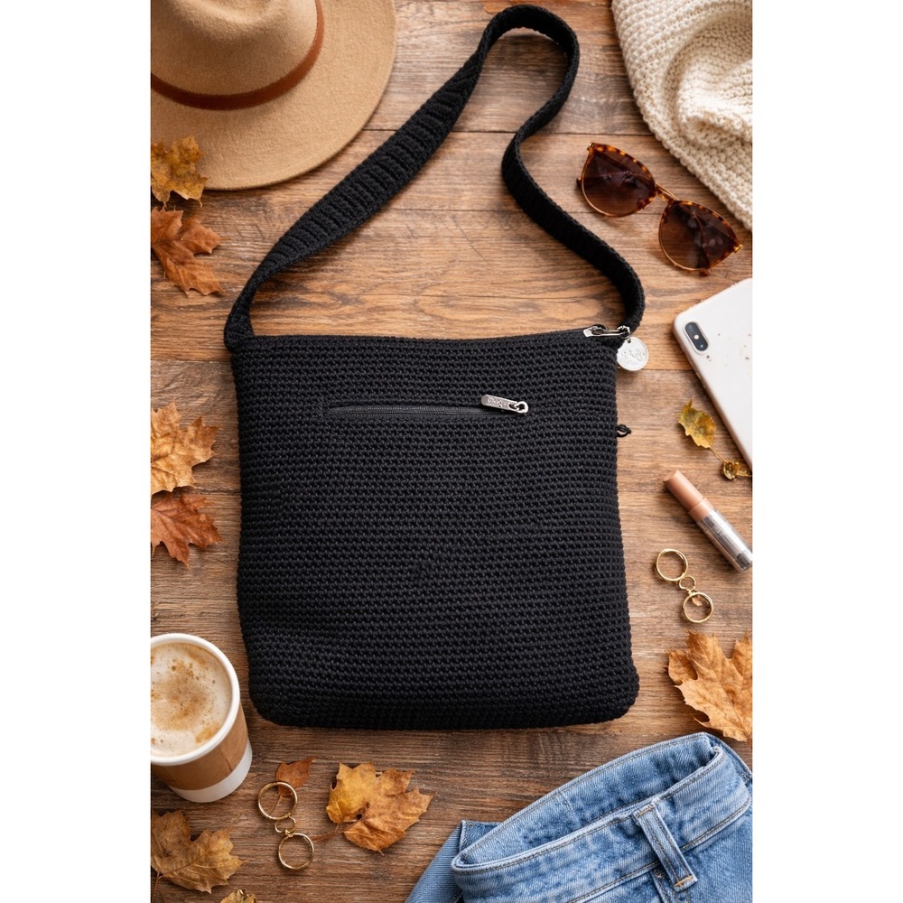 The Sak Black Crochet Knit Crossbody Bag Purse Zippered Pockets Boho Casual